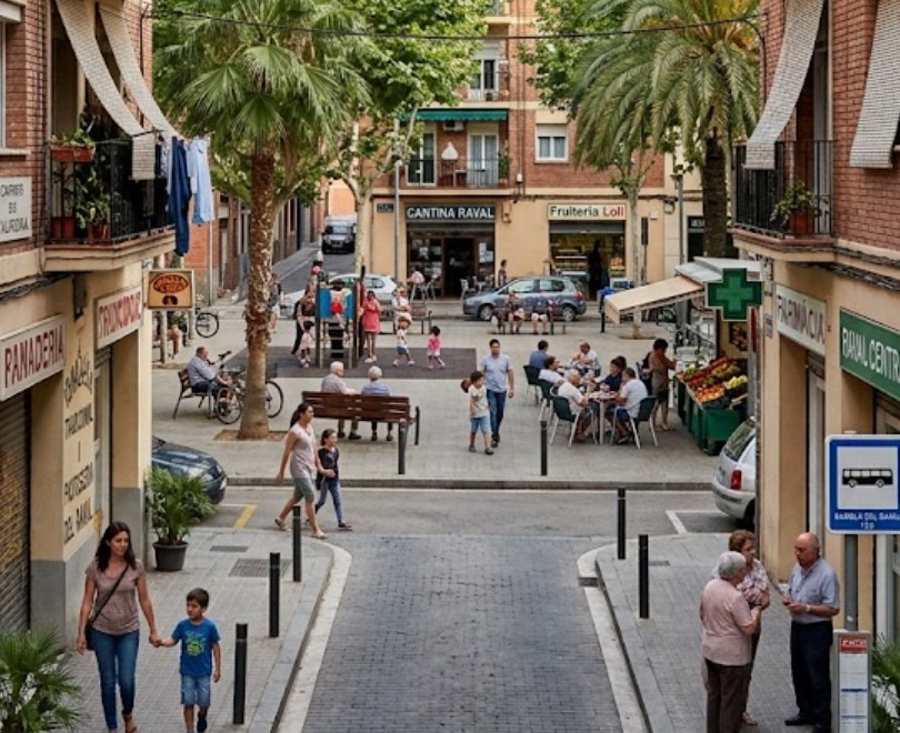 Vistas de las calles céntricas, comercios locales y edificios históricos en El Raval, Barcelona